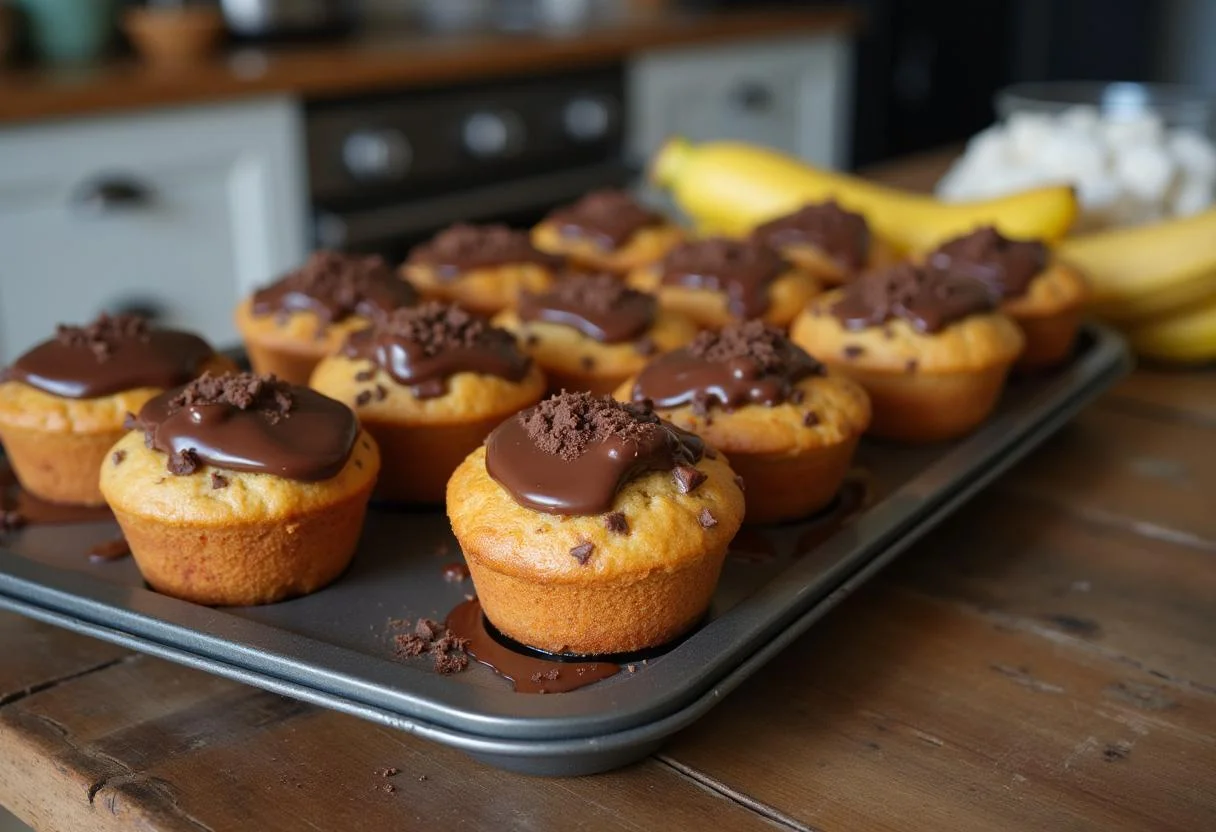 Fertige leckere Bananen-Schoko-Muffins, bereit zum Servieren und Genießen.