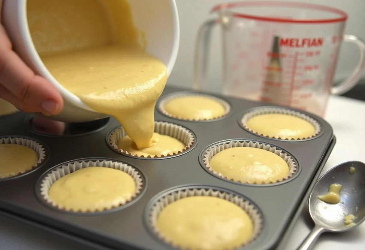 Bananen-Schoko-Muffin-Teig in einer Muffinform vorbereitet für das Backen von Bananen-Schoko-Muffins.
