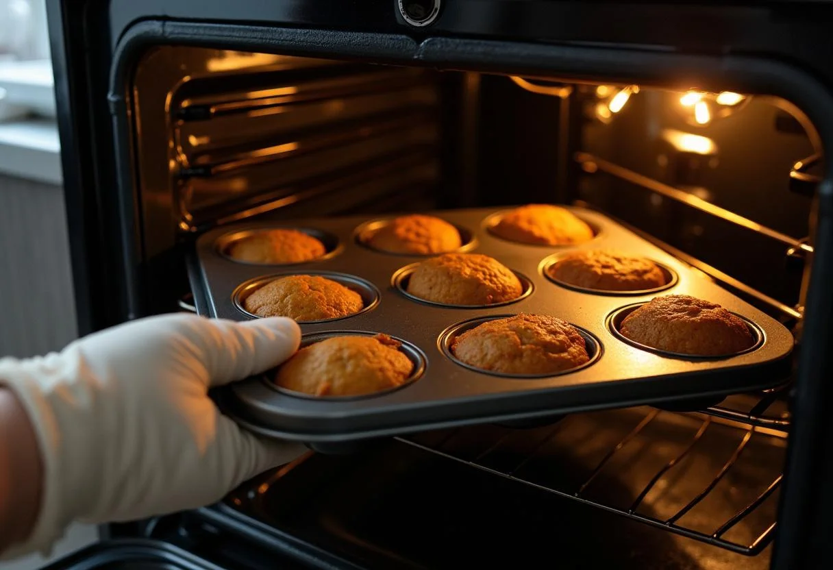Bananen-Schoko-Muffins-Teig auf dem Weg in den Ofen zum Backen.