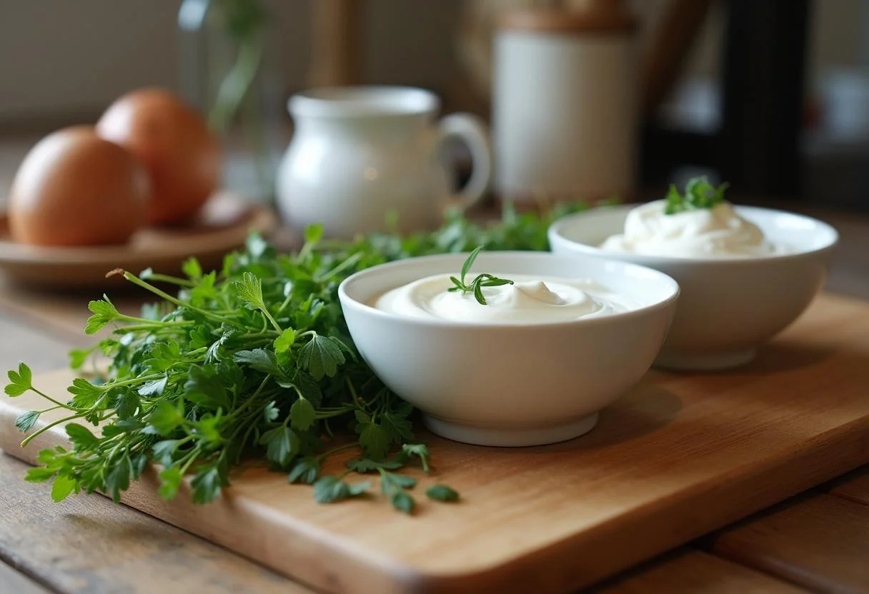 Frische Kräuter und Joghurt zum Zubereiten von Dips für Brot.