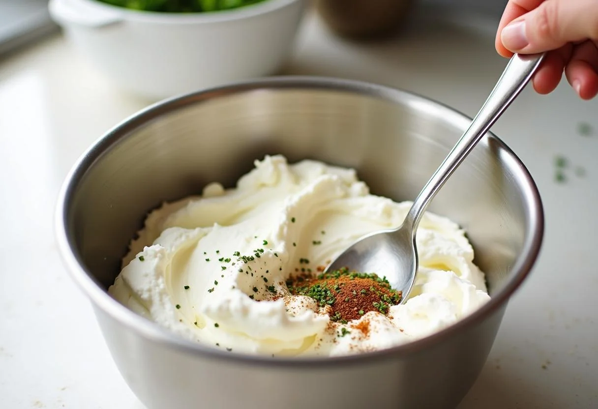 Joghurt und saure Sahne werden mit Kräutern für Dips zum Brot vermengt.
