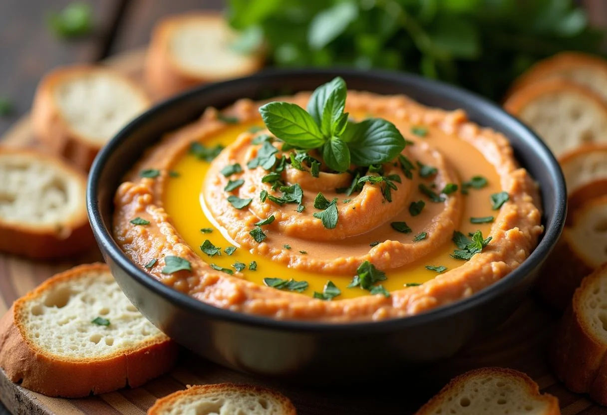 Fertiger Dip zu Brot auf einem rustikalen Tisch serviert.