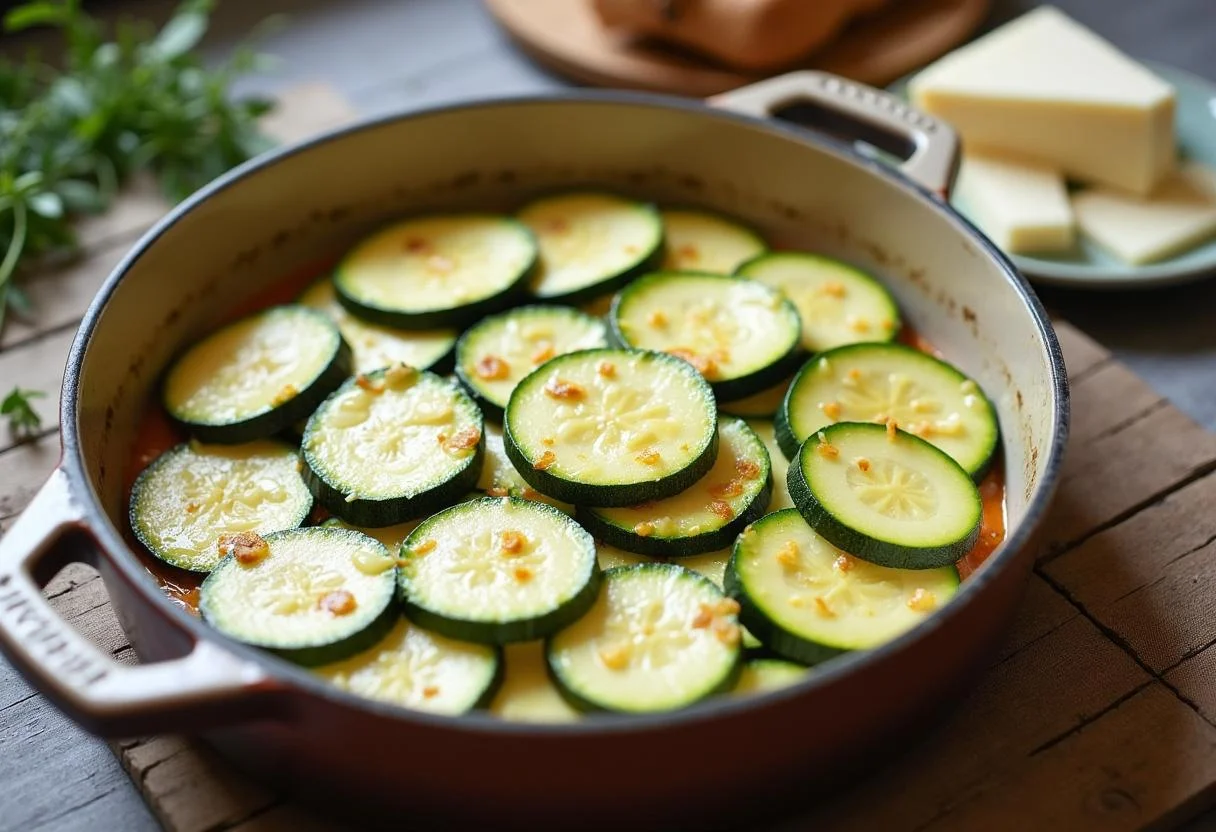 Zucchini slices in a baking dish, prepared for zucchini im ofen mit käse überbacken recipe.