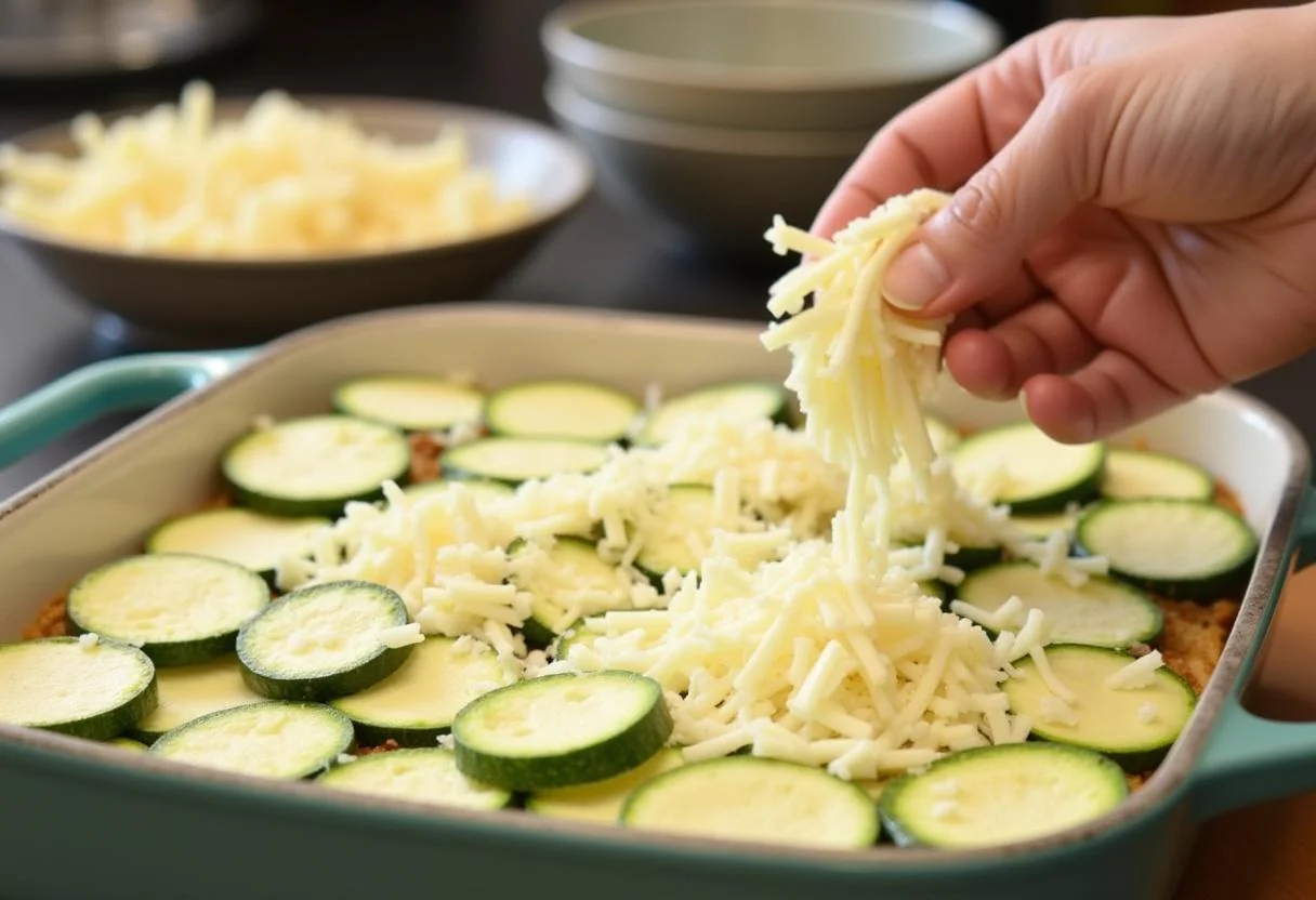 Cheese being added on top of zucchini for zucchini auflauf mit käse überbacken.