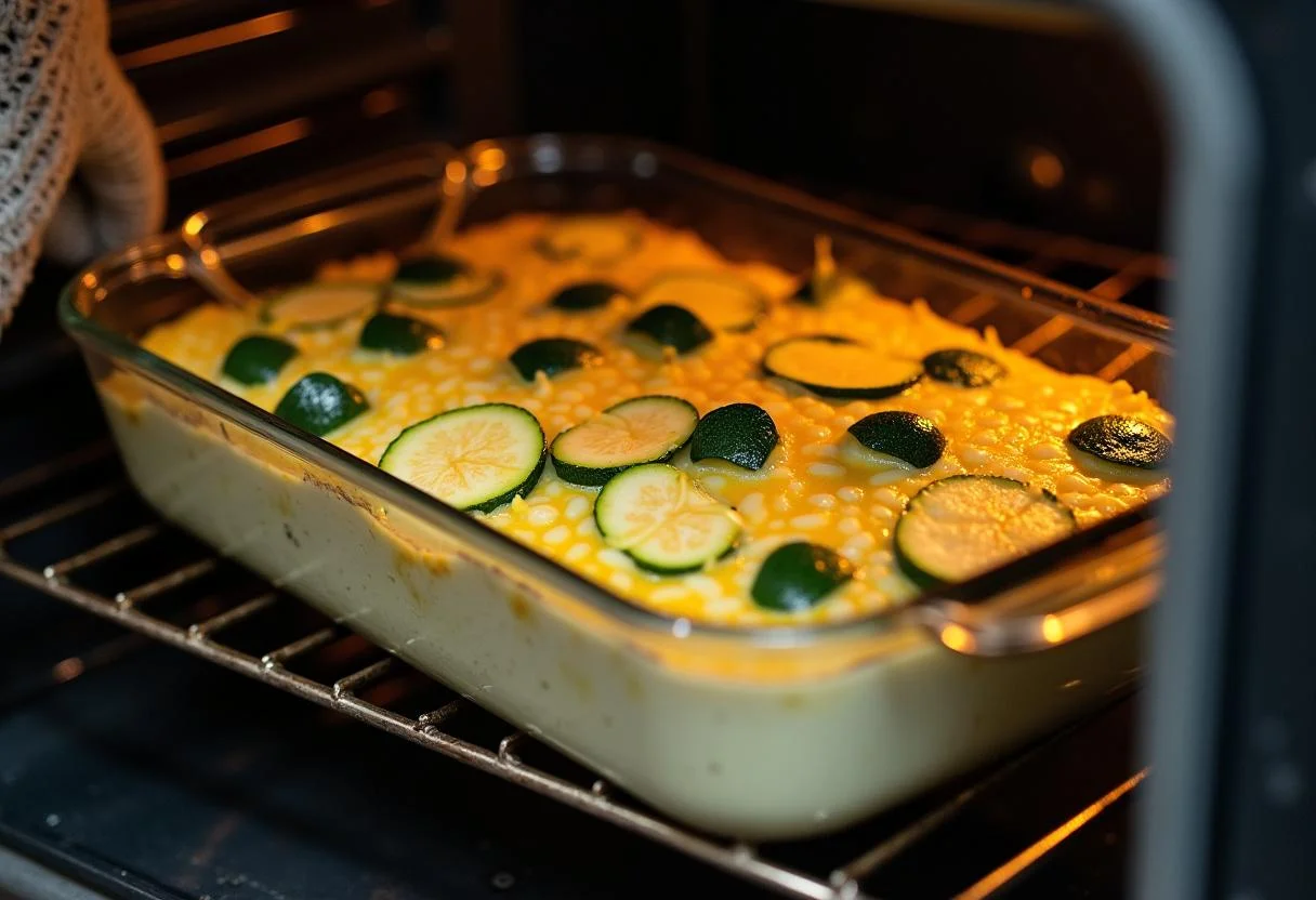Baking dish with zucchini and cheese going into the oven for blumenkohl im ofen mit käse überbacken preparation.