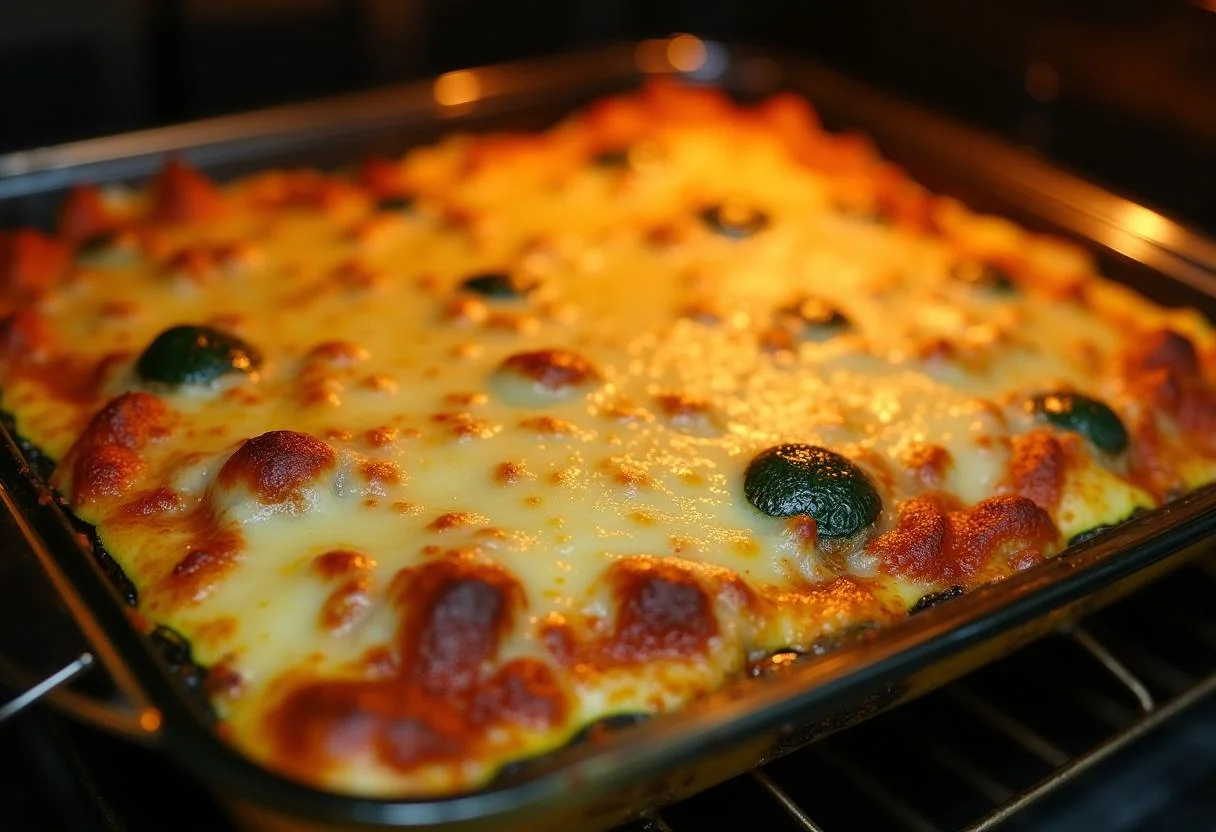 Baked zucchini with melted cheese, a delicious finished dish for zucchini mit hackfleisch und käse überbacken.