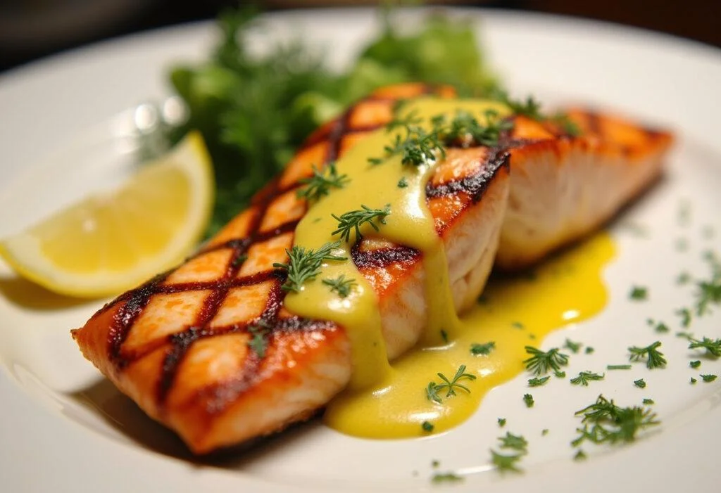 Fertiger gegrillter Lachs mit Dill-Senf-Sauce, ideal für ein feines Abendessen.