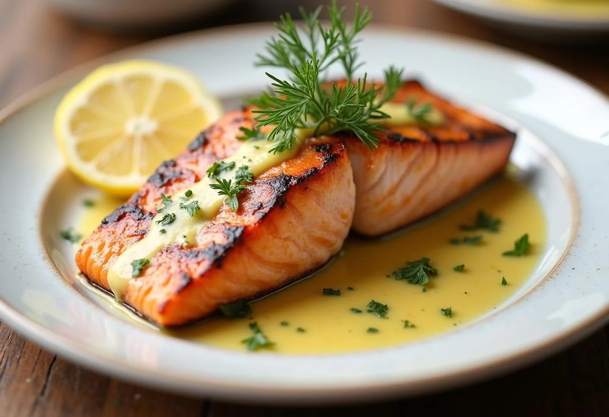 Fertiger gegrillter Lachs mit Dill-Senf-Sauce, ideal für ein feines Abendessen.