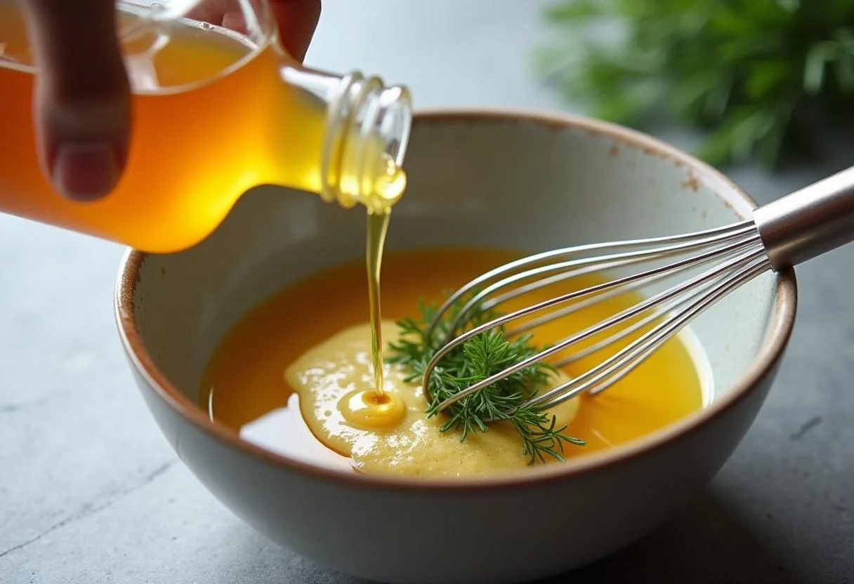 Honig wird in die Senf-Dill-Mischung für die Sauce zu Lachs gegossen.