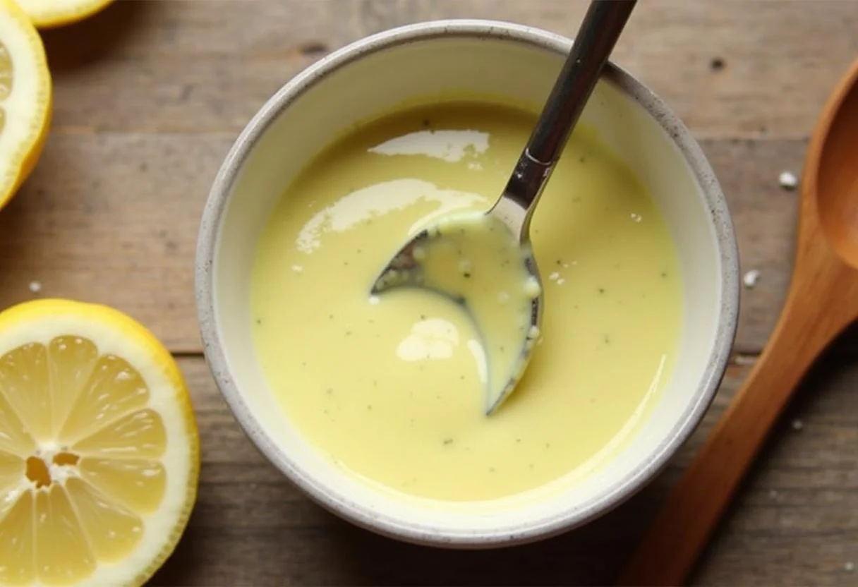 Die cremige Dill-Senf-Sauce für die Sauce zum Lachs wird umgerührt.