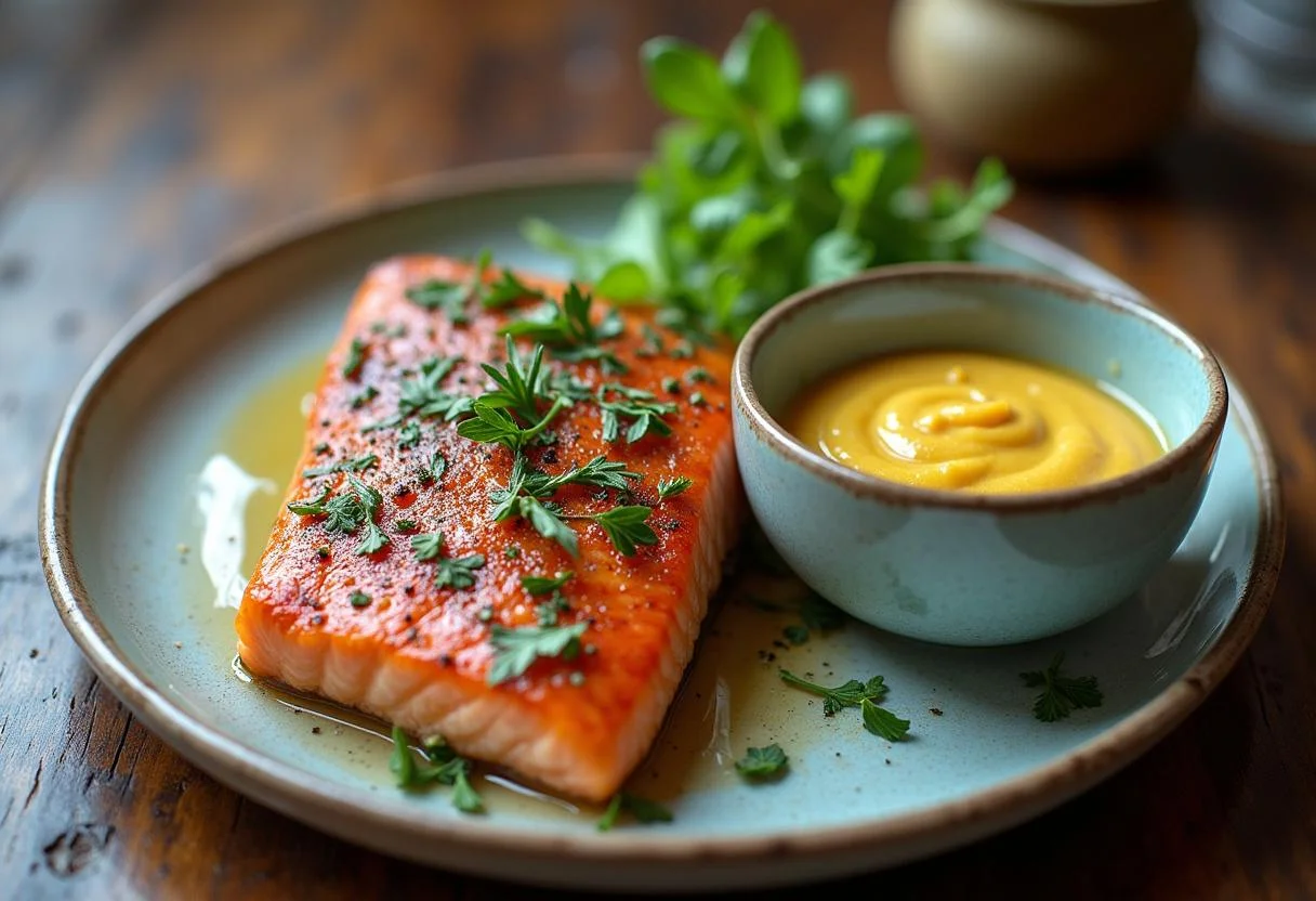 Gegrillter Lachs mit Dill-Senf-Sauce auf einem rustikalen Tisch.