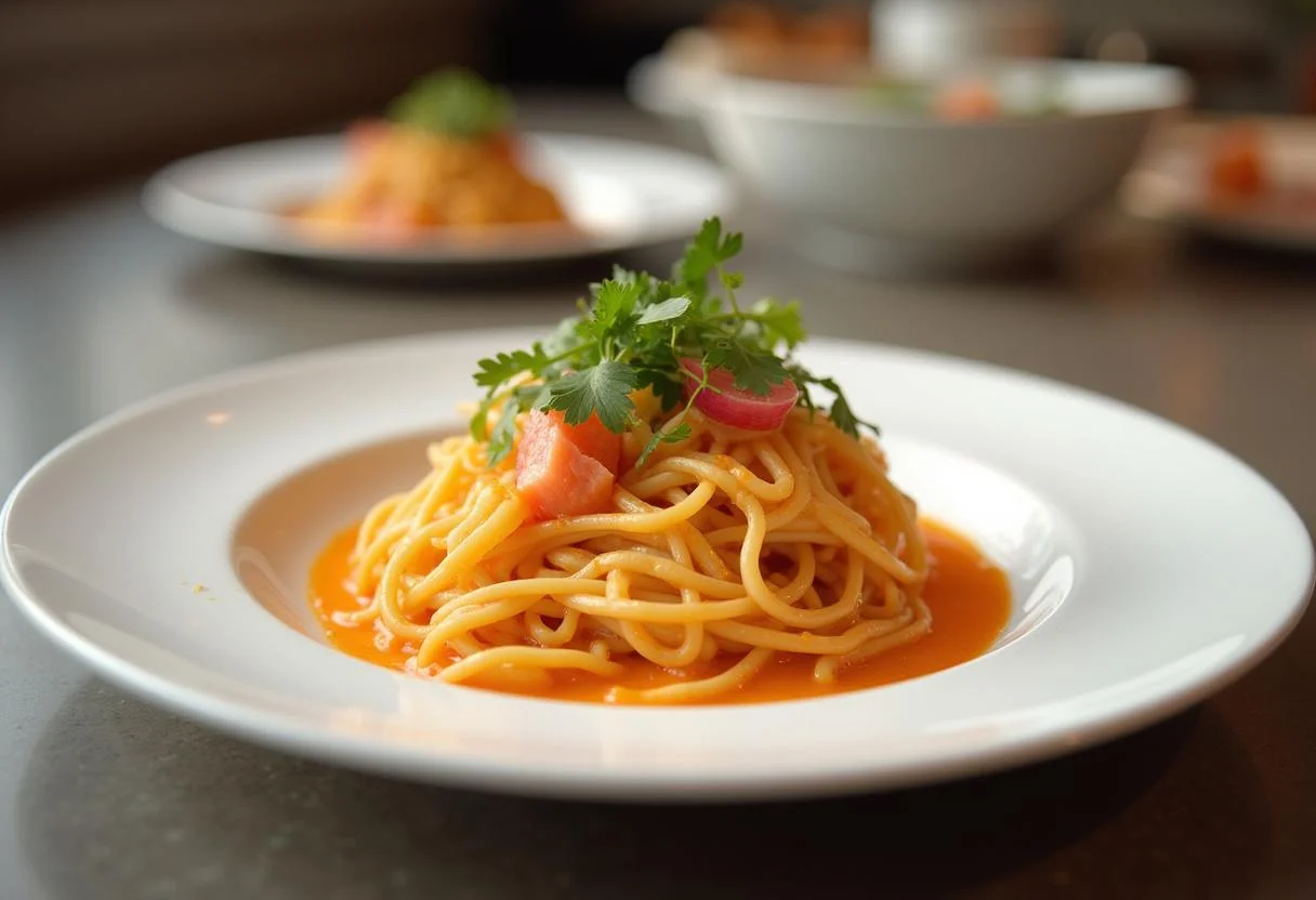 Fertige Pasta mit cremiger Lachs Soße, ideal für ein köstliches Abendessen.