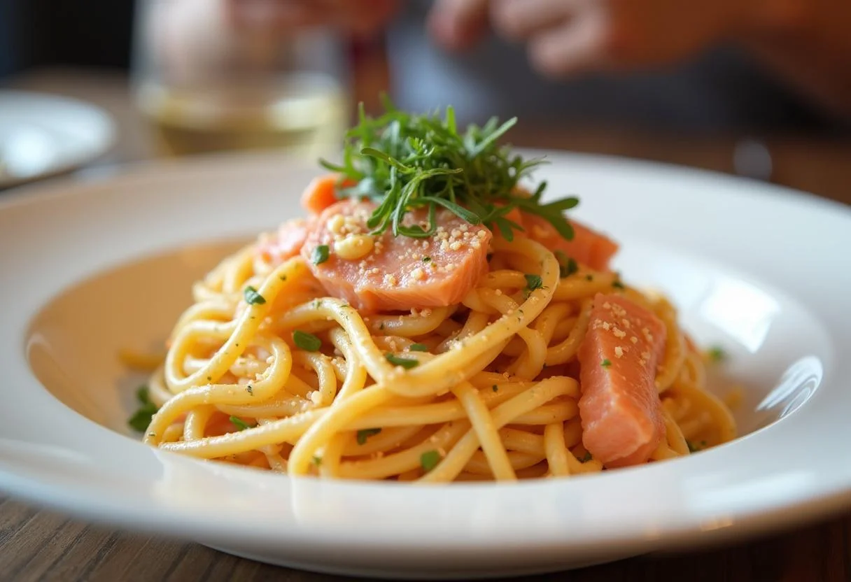 Fertige Pasta mit cremiger Lachs Soße, ideal für ein köstliches Abendessen.