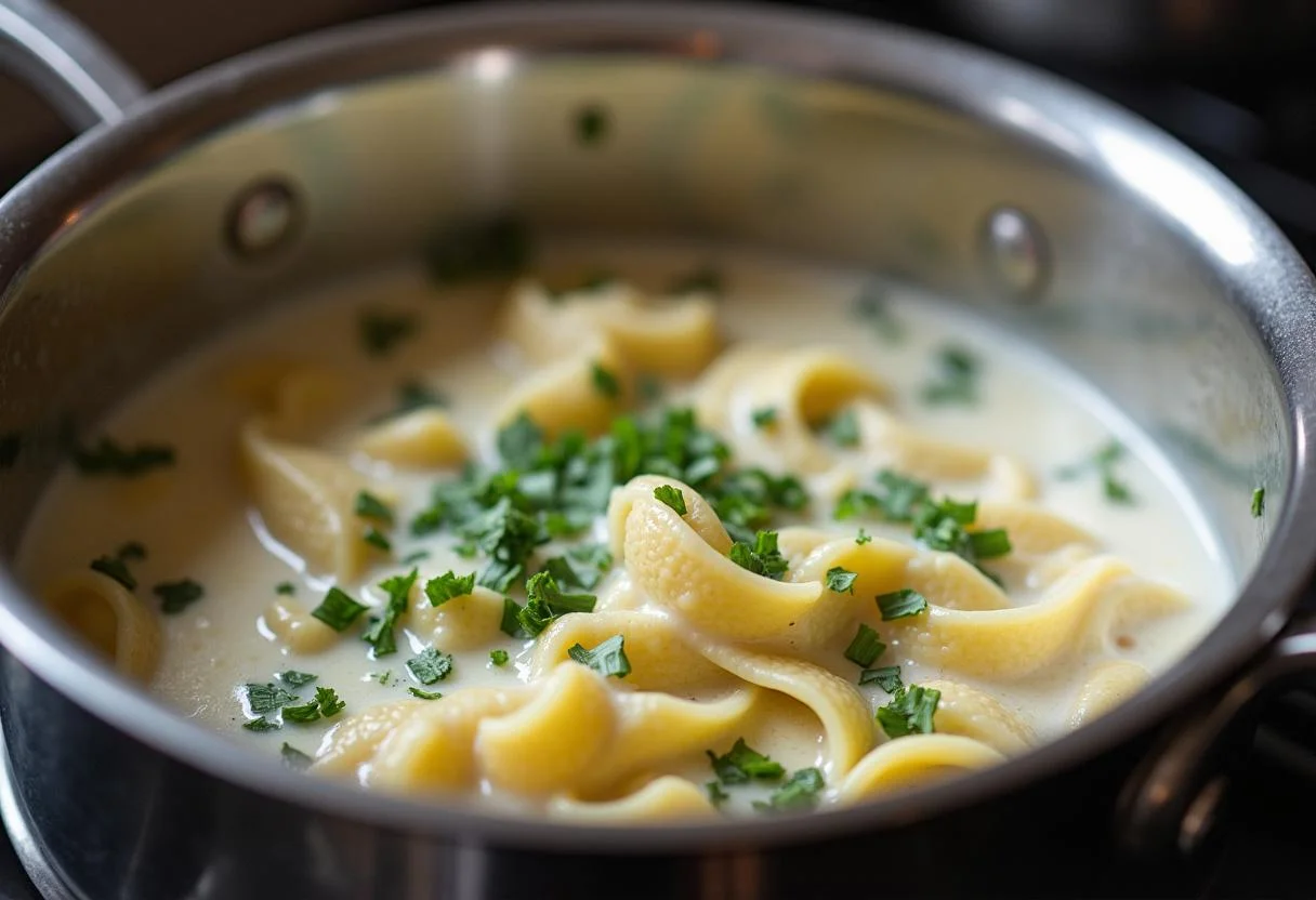 Lachs Soße aus Sahne und frischen Kräutern auf dem Herd für die Pasta zubereiten.