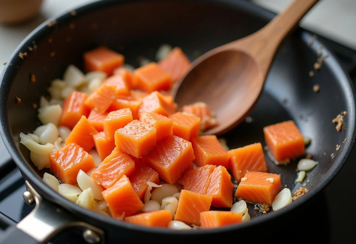 Lachs mit Zwiebeln und Knoblauch in der Pfanne für die leckere Lachs Soße.