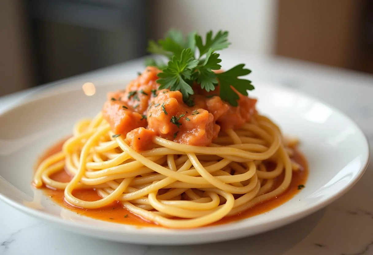 Fertige Pasta mit leckerer Lachs Soße und frischer Petersilie garniert.