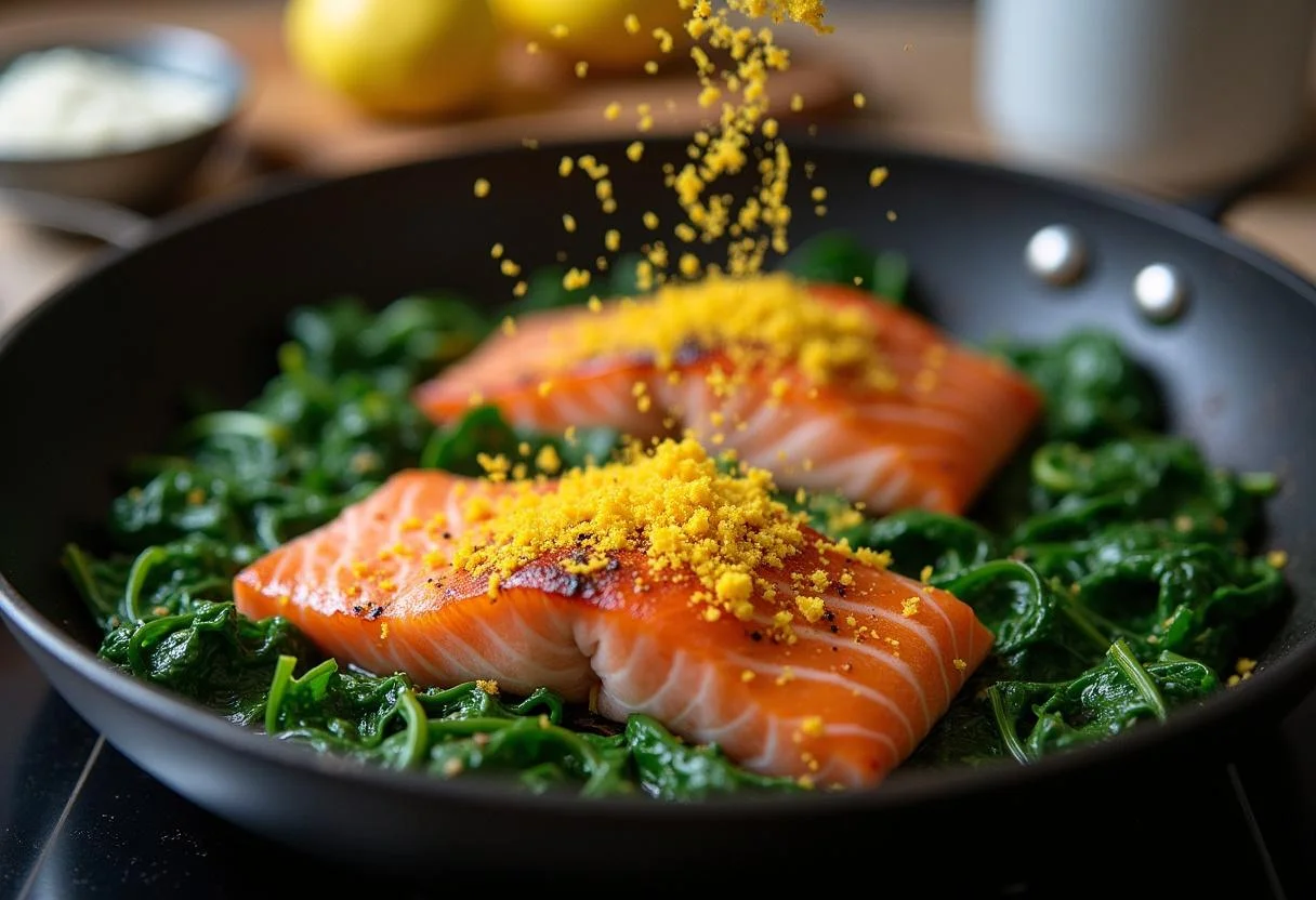Cooking salmon and spinach for pasta lachs und spinat in a frying pan.