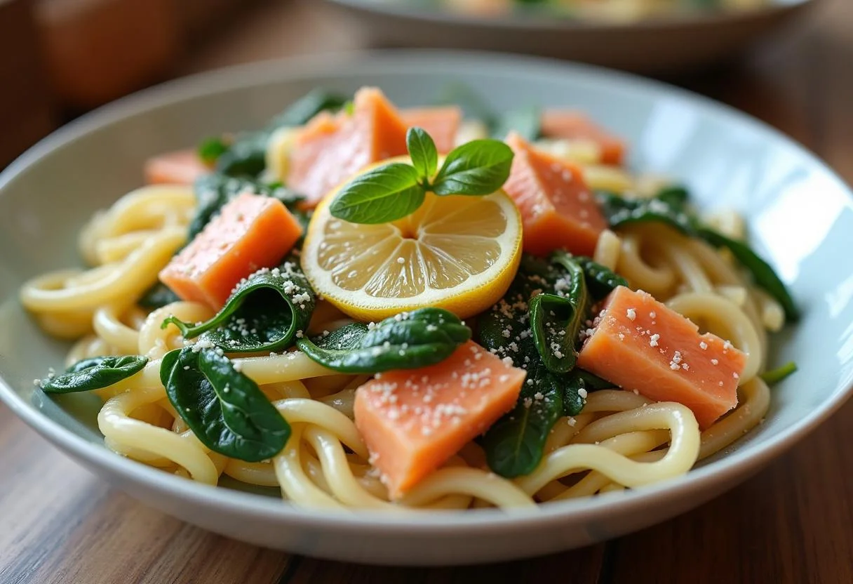 Combining ingredients for pasta mit lachs und zitrone in a serving bowl.