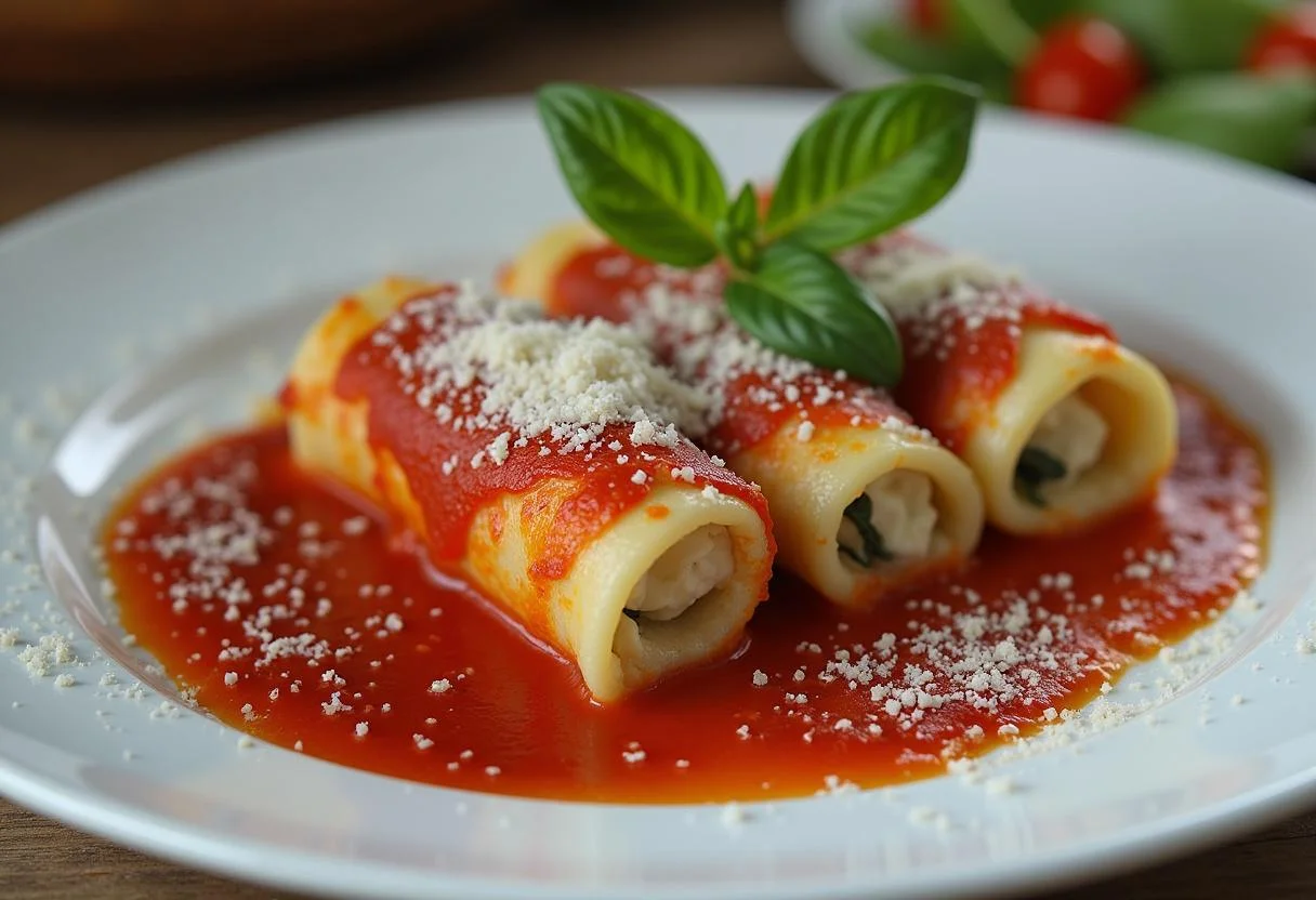 Fertiges Cannelloni Ricotta Spinat Gericht, perfekt für eine herrliche Italienische Mahlzeit.