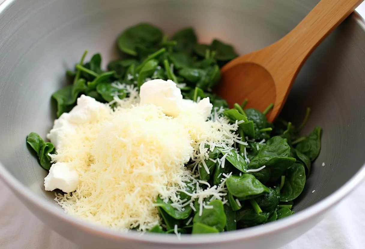 Vermischen von Ricotta Käse und Spinat für eine köstliche Cannelloni Ricotta Spinat Füllung.