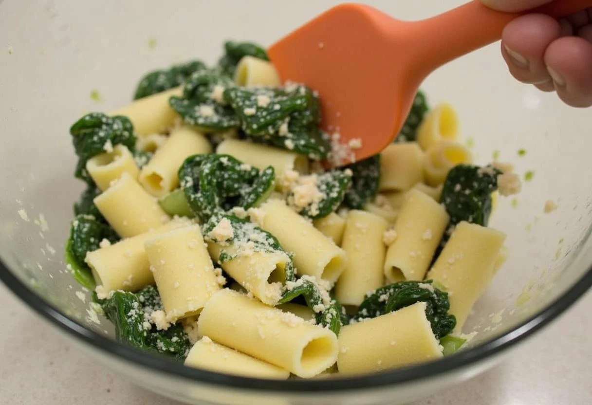 Füllen von ungekochten Cannelloni mit Ricotta-Spinat-Mischung für die Ravioli Ricotta Spinat Zubereitung.