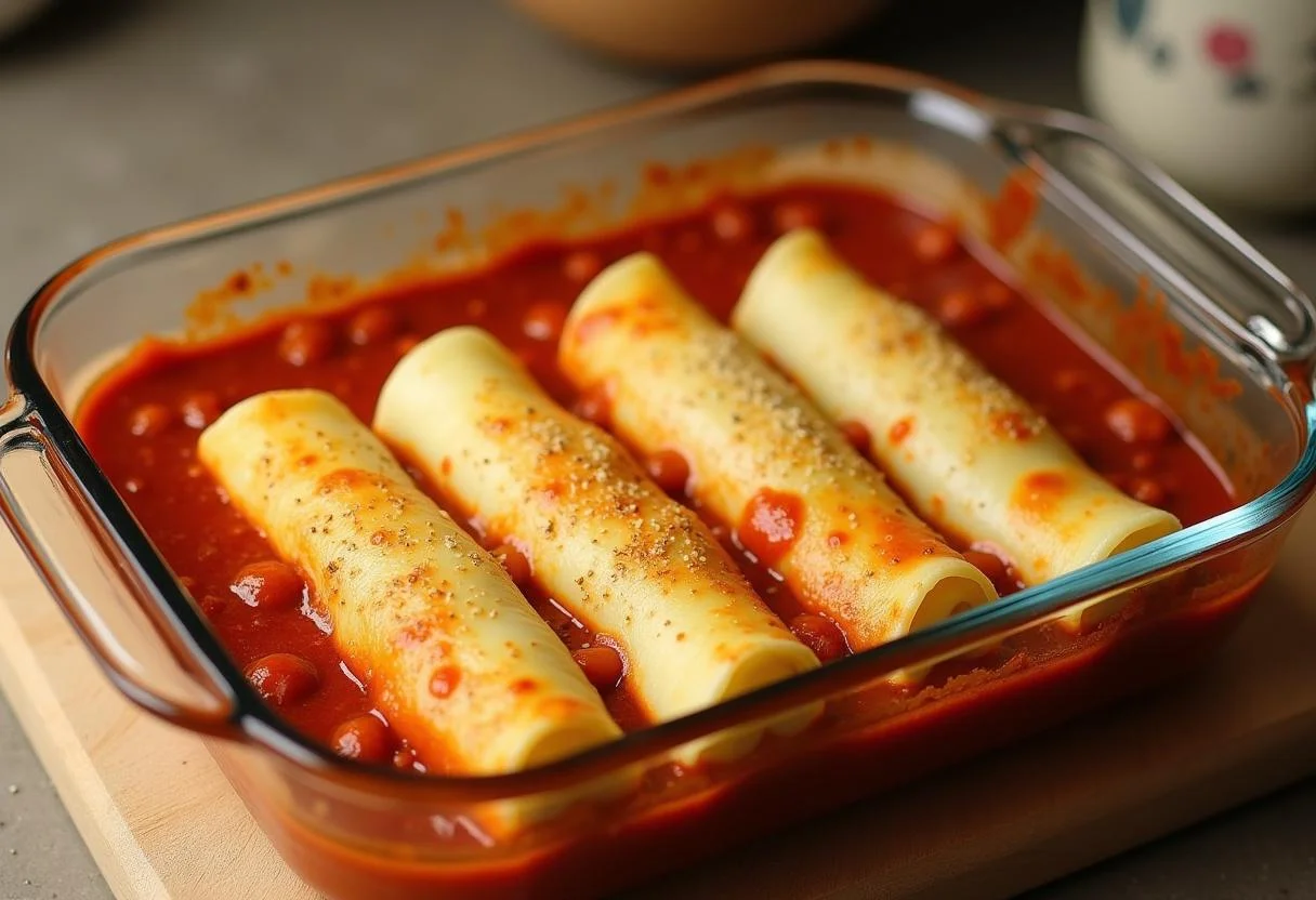 Vorbereitete Cannelloni in Marinara Soße angeordnet für das Ricotta Spinat Ravioli Rezept.