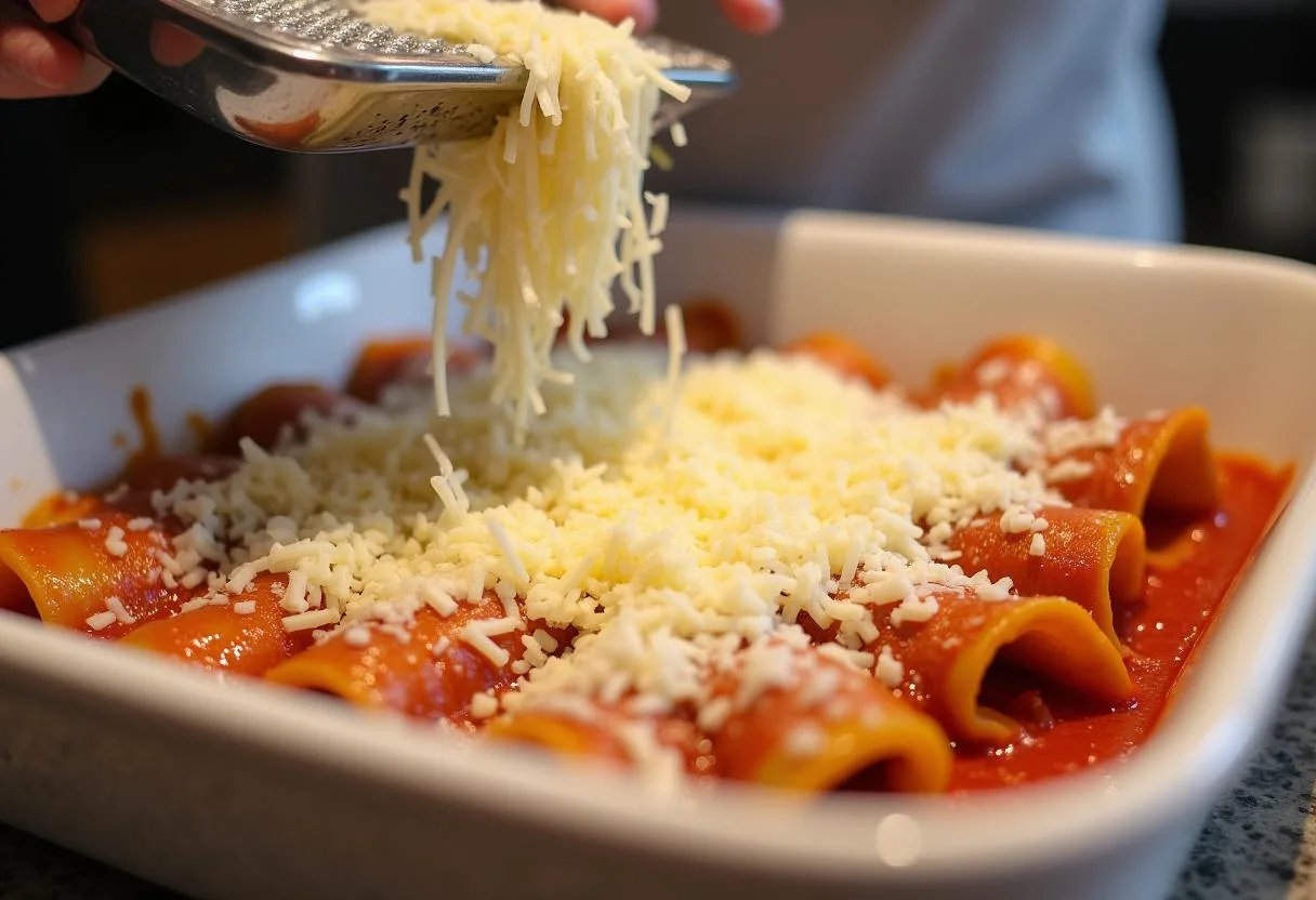 Bestreuen von Käse auf Cannelloni Ricotta Spinat Gericht vor dem Backen.