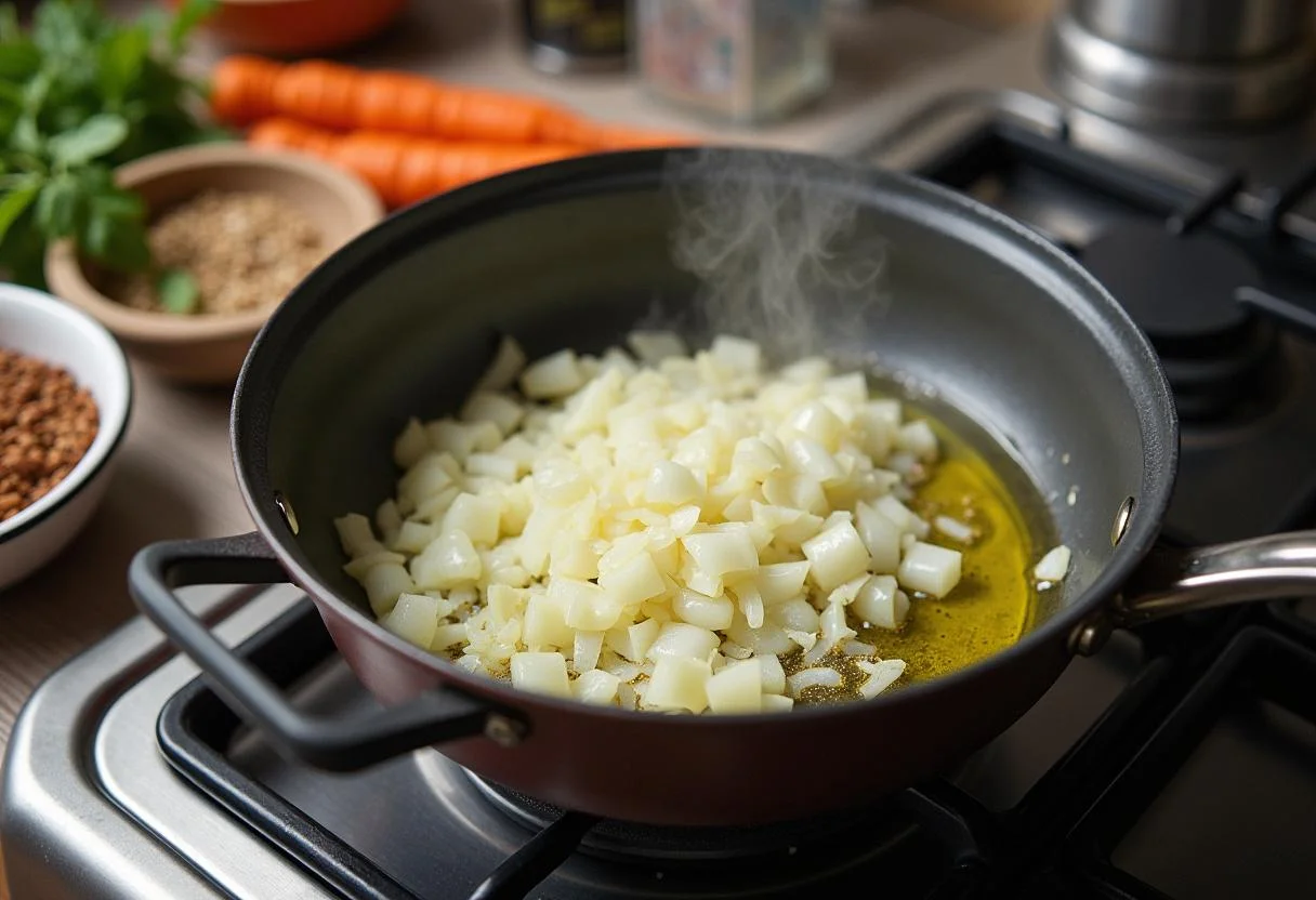 Sautéing onions in a saucepan for soße für gefüllte paprika preparation.