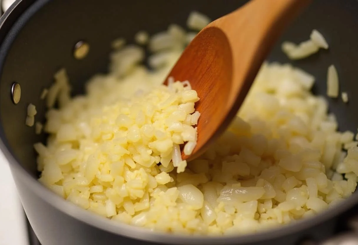 Minced garlic added to sautéed onions for soße gefüllte paprika recipe.