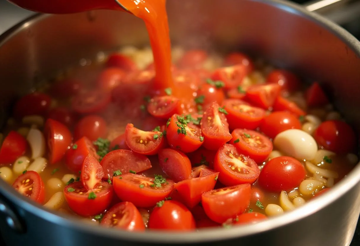 Chopped tomatoes being added to the saucepan for making soße zu gefüllten paprika.