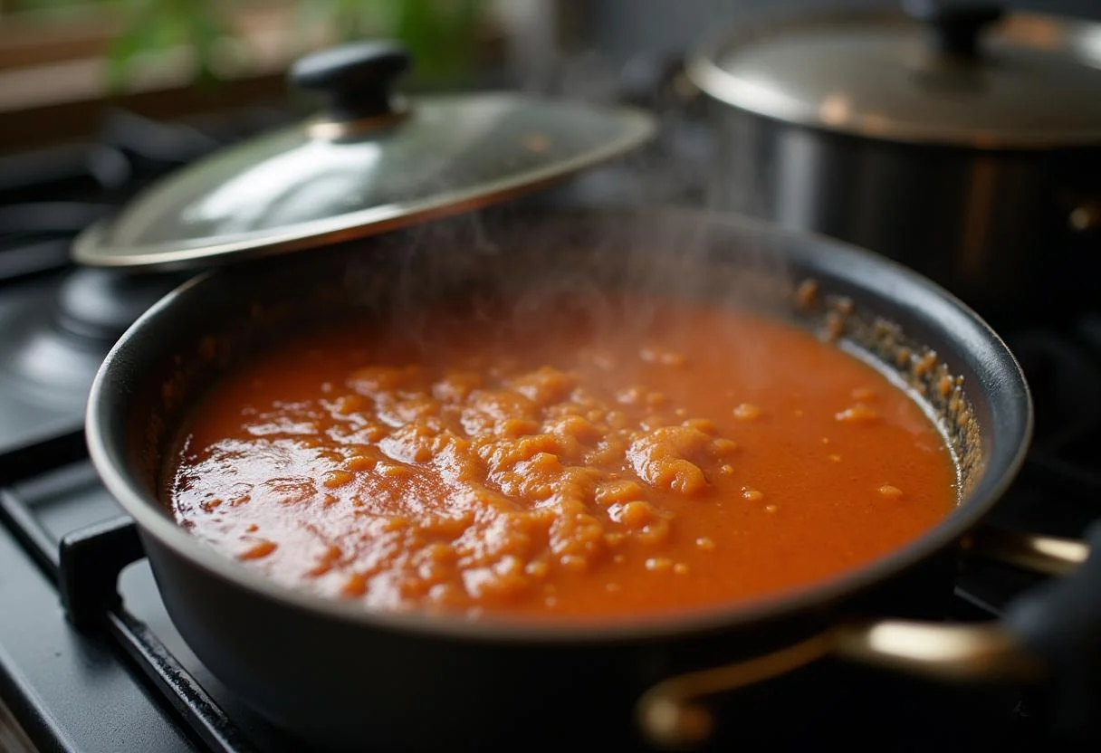 Simmering sauce for gefüllte paprika on the stove, ready for serving.