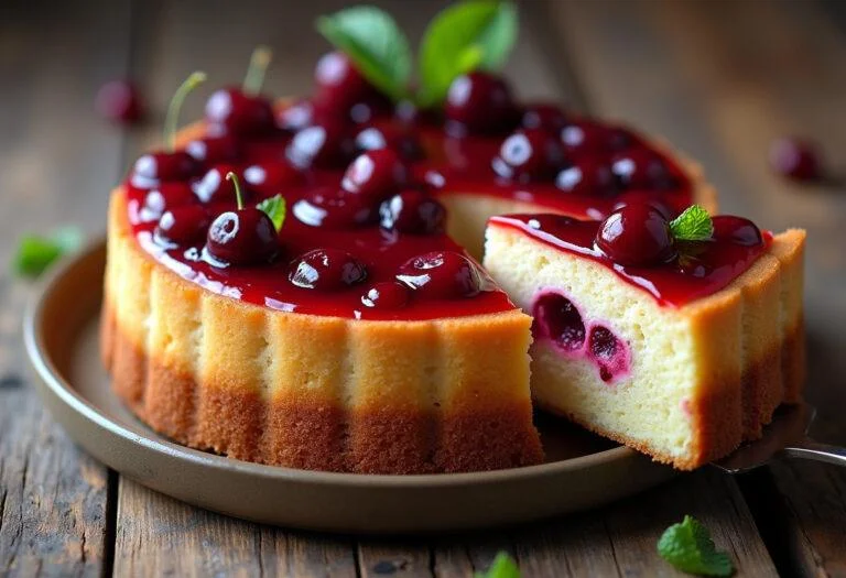 Fertiger Kuchen mit Pudding und Kirschen, perfekt angerichtet für spezielle Anlässe.