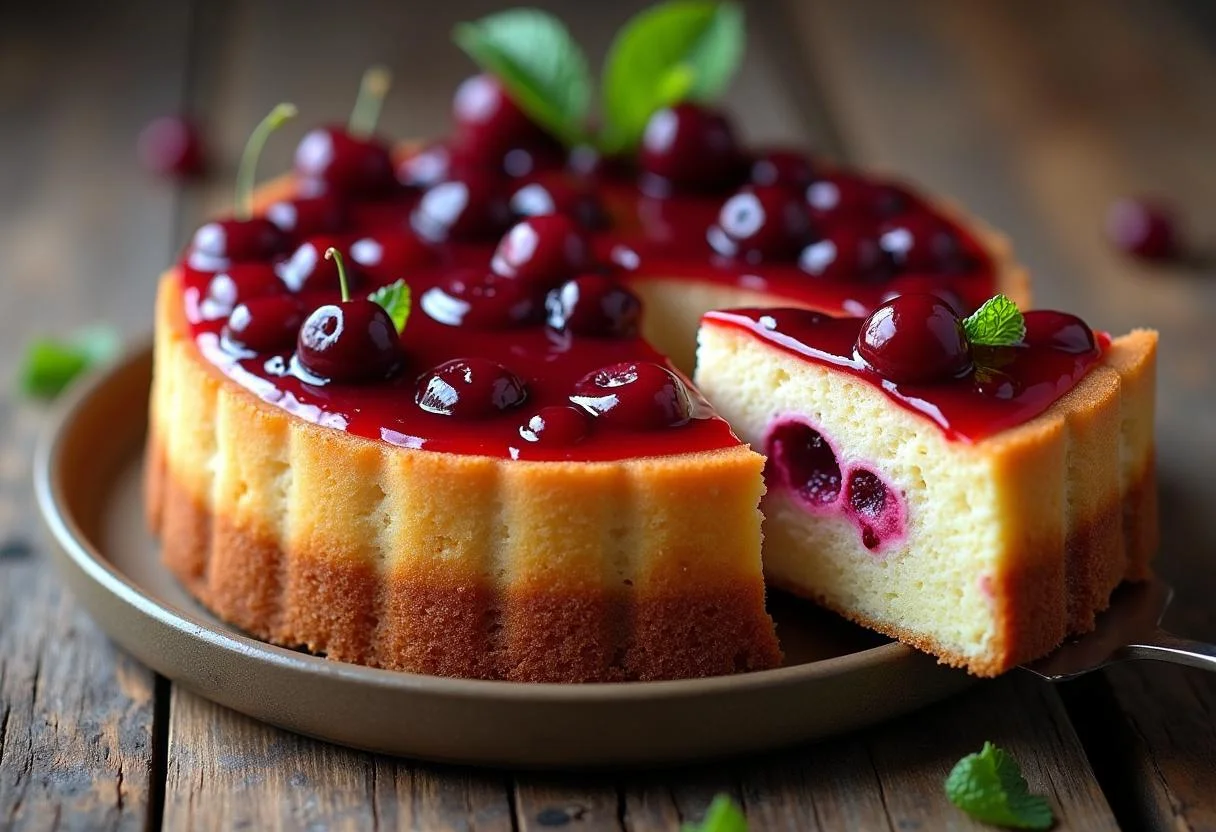 Fertiger Kuchen mit Pudding und Kirschen, perfekt angerichtet für spezielle Anlässe.