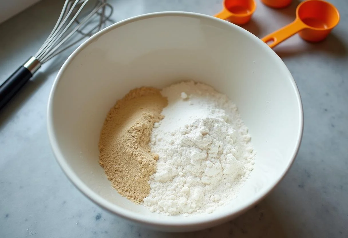 Zutaten für Kuchen, einschließlich Mehl, Zucker und Backpulver in einer Rührschüssel.