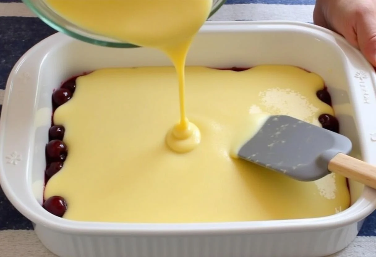 Pudding-Mischung wird über die Kirschen für den leckeren Kuchen gegossen.