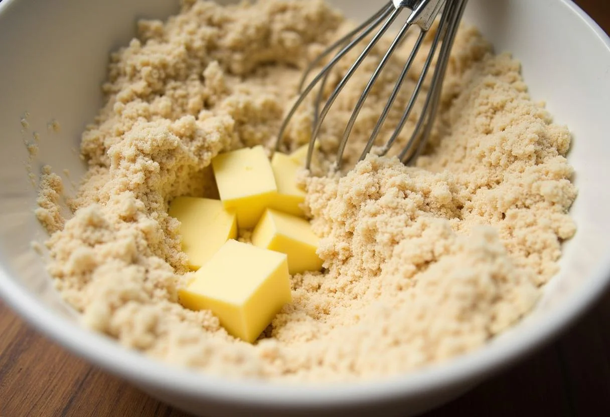 Zutaten für die Streusel werden für den leckeren Pudding-Streuselkuchen vermischt.