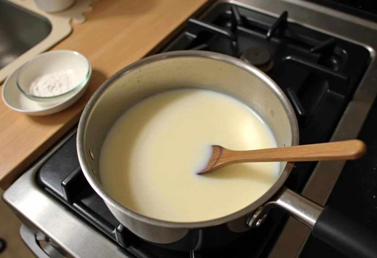 Milch wird für die Pudding-Schicht des leckeren Pudding-Streuselkuchens erhitzt.