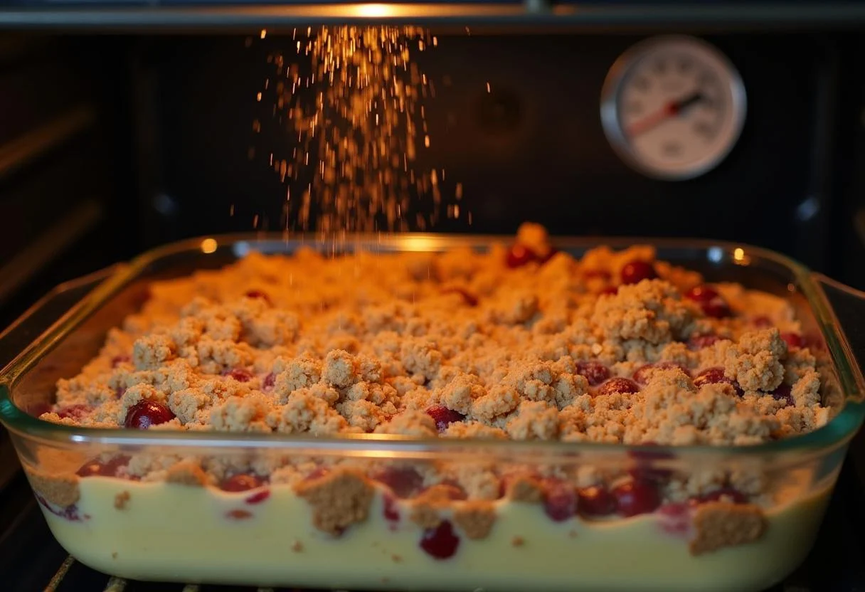 Streusel werden vor dem Backen im Ofen auf den Kuchen gestreut.