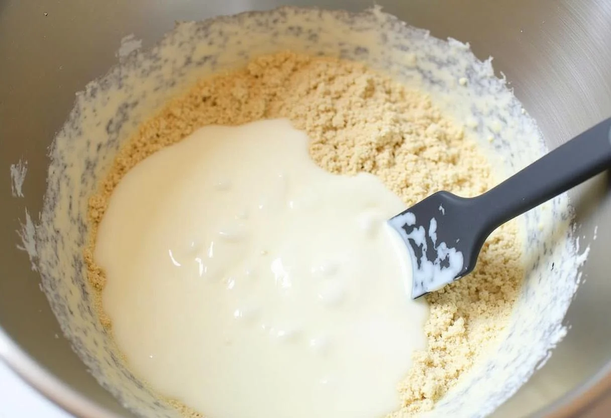 Joghurt wird mit den trockenen Zutaten für kuchen beeren vermischt.