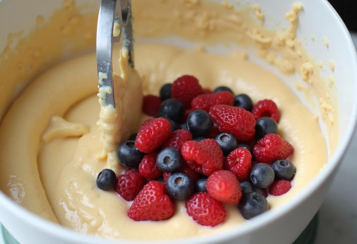 Befruchteter Teig mit frischen Beeren für den Leichten Sommerkuchen.