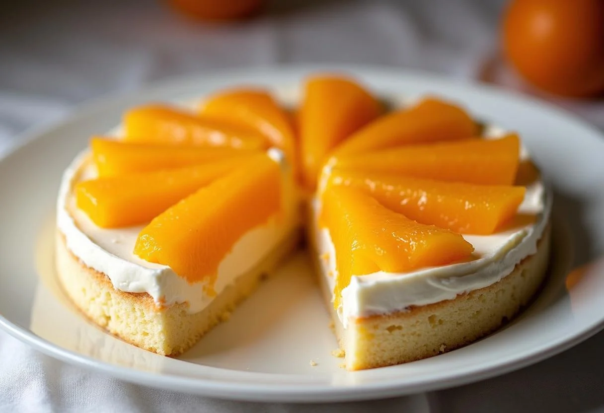 Fertiger Mandarinen-Schmandkuchen, elegant präsentiert, perfekt für jeden Anlass.