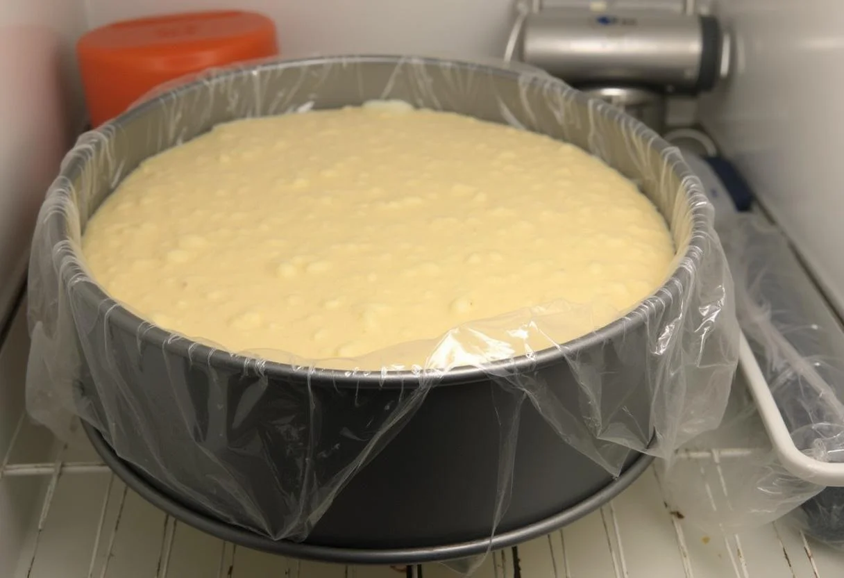 Mandarinen Schmandkuchen zum perfekten Festwerden in den Kühlschrank stellen.