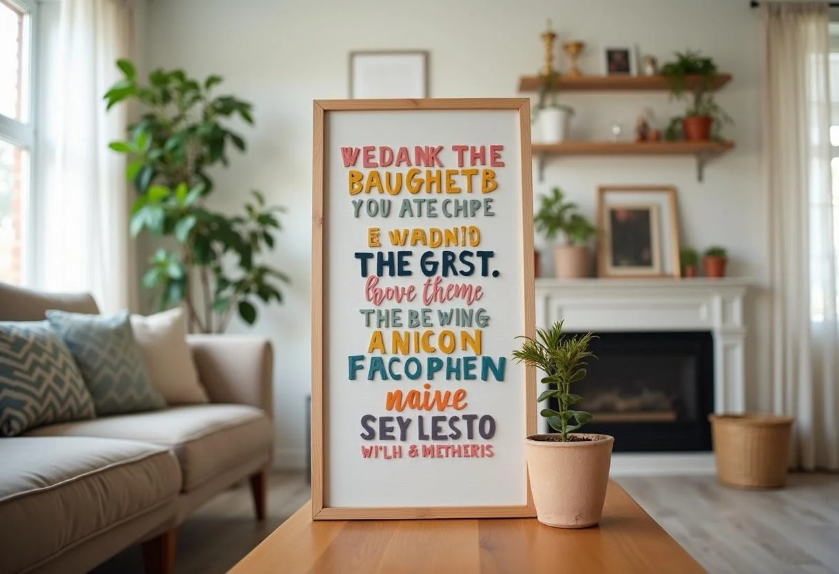 Eine dekorative Tafel mit Sprüchen über das Lachen im Wohnzimmer.