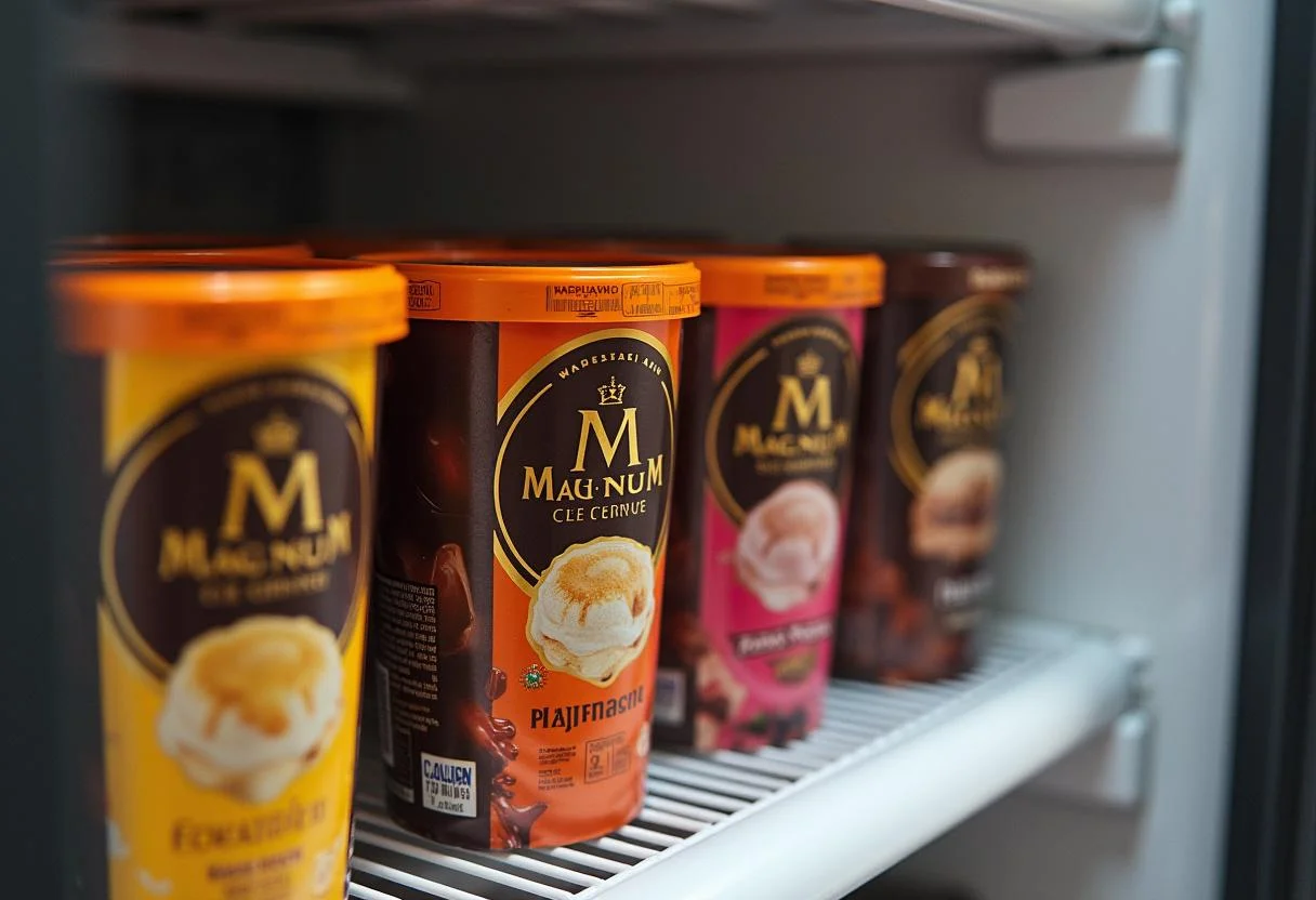 Vielfalt von Magnum Eis Bechern in einer offenen Gefriertruhe für Magnum Eis Angebot.