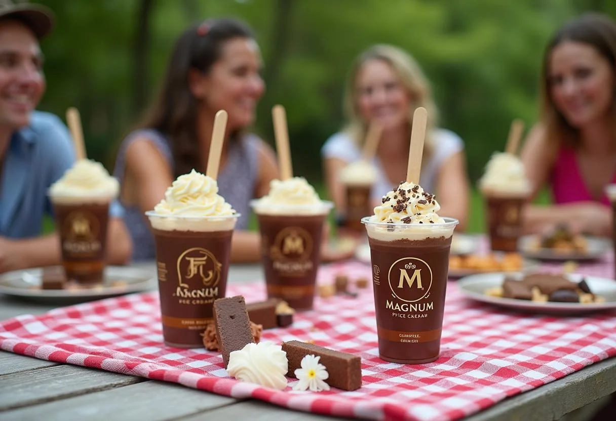 Freunde genießen Magnum Eis Becher und Riegel im Freien für Magnum Eis Angebot.