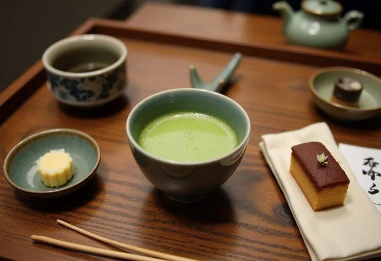 Vollendetes Matcha Tee Erlebnis mit Zen-Stimmung und traditionellen Teutensilien.