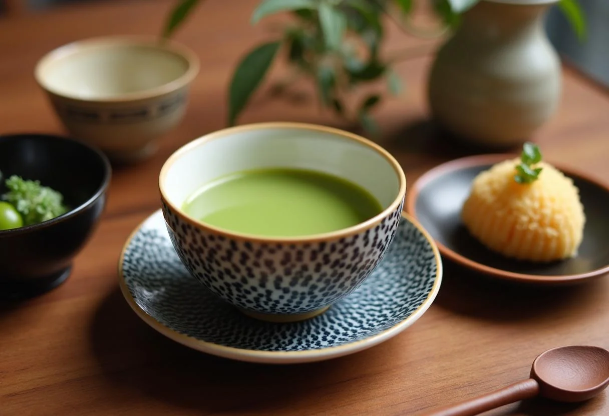 Vollendetes Matcha Tee Erlebnis mit Zen-Stimmung und traditionellen Teutensilien.