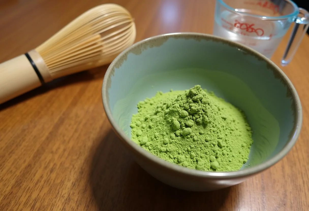 Matcha Tee Zubereitung: Matcha-Pulver in einer Schüssel mit einem traditionellen Tee-Set.