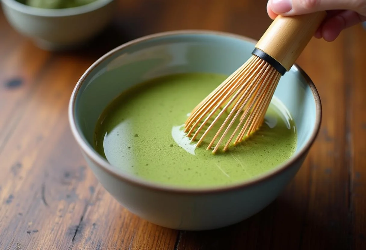 Matcha Tee zubereiten: Mit einem Bambusbesen Matcha und Wasser gut vermischen.