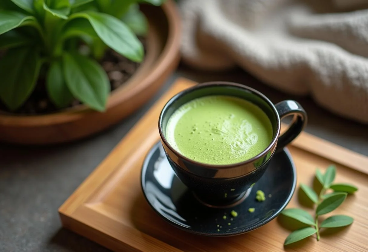 Fertig zubereiteter Matcha Tee in einer Tasse, ideal für die Entspannung und das Genießen von Matcha Tee.